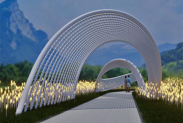 鋼結構弧形格柵廊架弧形曲面創(chuàng)意廊架效果圖